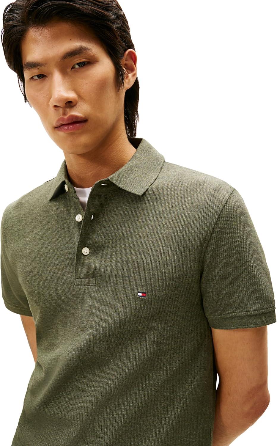 imageTommy Hilfiger Mens Short Sleeve Polo Shirts in Slim Fit with Stretch and Organic Pique CottonUtility Olive Heather