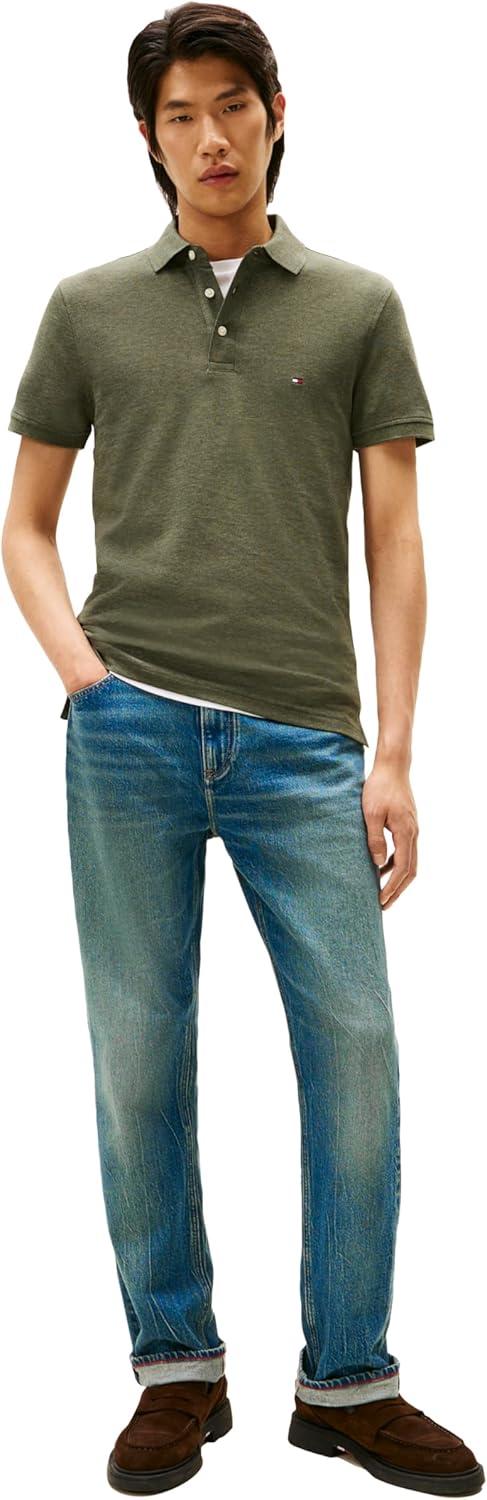 imageTommy Hilfiger Mens Short Sleeve Polo Shirts in Slim Fit with Stretch and Organic Pique CottonUtility Olive Heather