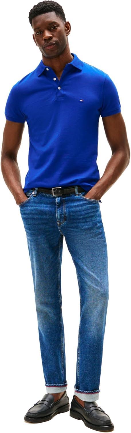 imageTommy Hilfiger Mens Short Sleeve Polo Shirts in Slim Fit with Stretch and Organic Pique CottonWedge Blue