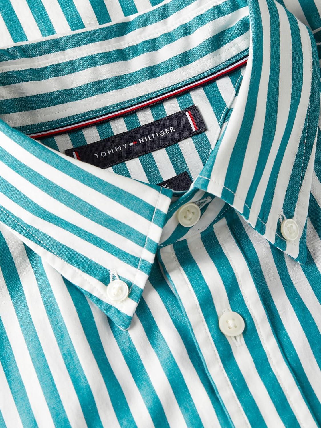 imageTommy Hilfiger Mens Short Sleeve Poplin Shirts in Regular Fit Mens Button Down ShirtsDeep Ocean Stripe