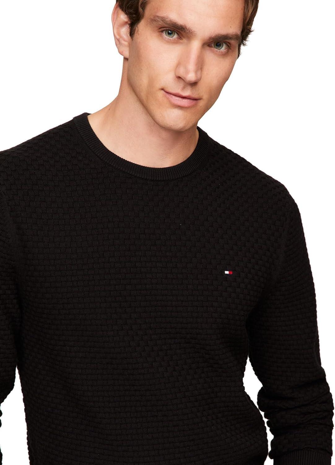 imageTommy Hilfiger Mens Textured Waffle Knit Crewneck Sweater Lightweight Pullover Available in Big ampamp TallBlack