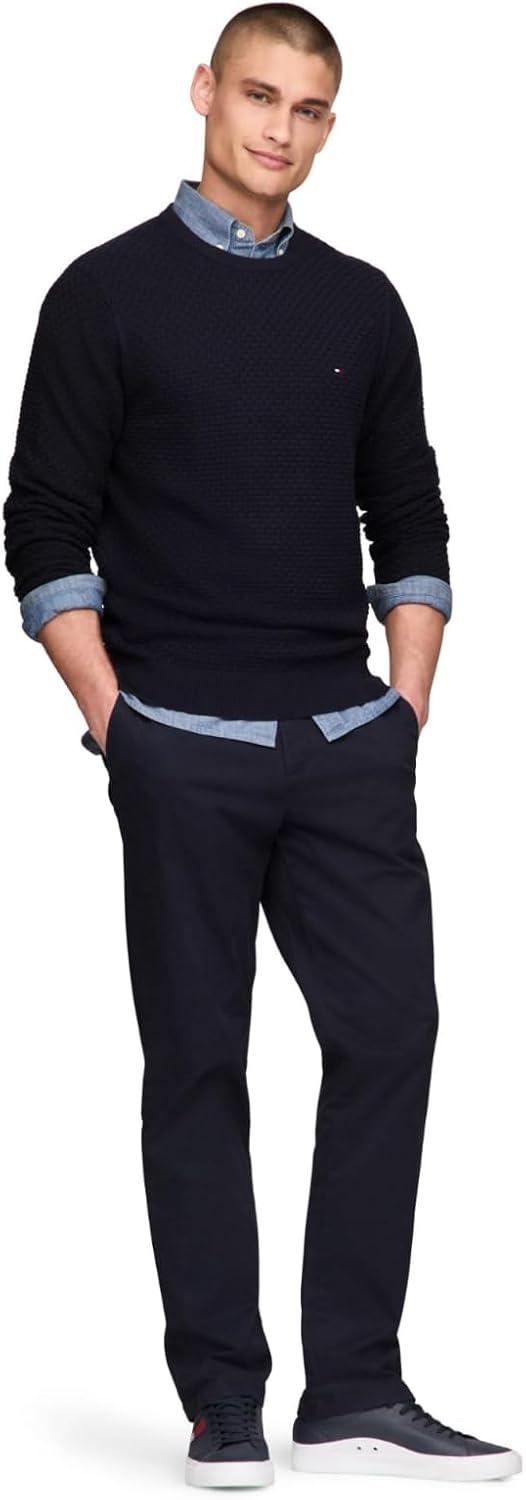 imageTommy Hilfiger Mens Textured Waffle Knit Crewneck Sweater Lightweight Pullover Available in Big ampamp TallDesert Sky