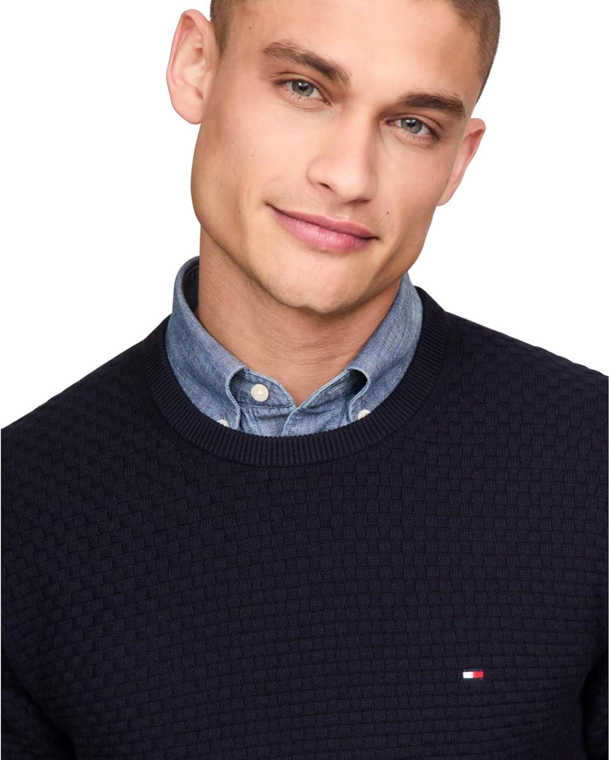 imageTommy Hilfiger Mens Textured Waffle Knit Crewneck Sweater Lightweight Pullover Available in Big ampamp TallDesert Sky