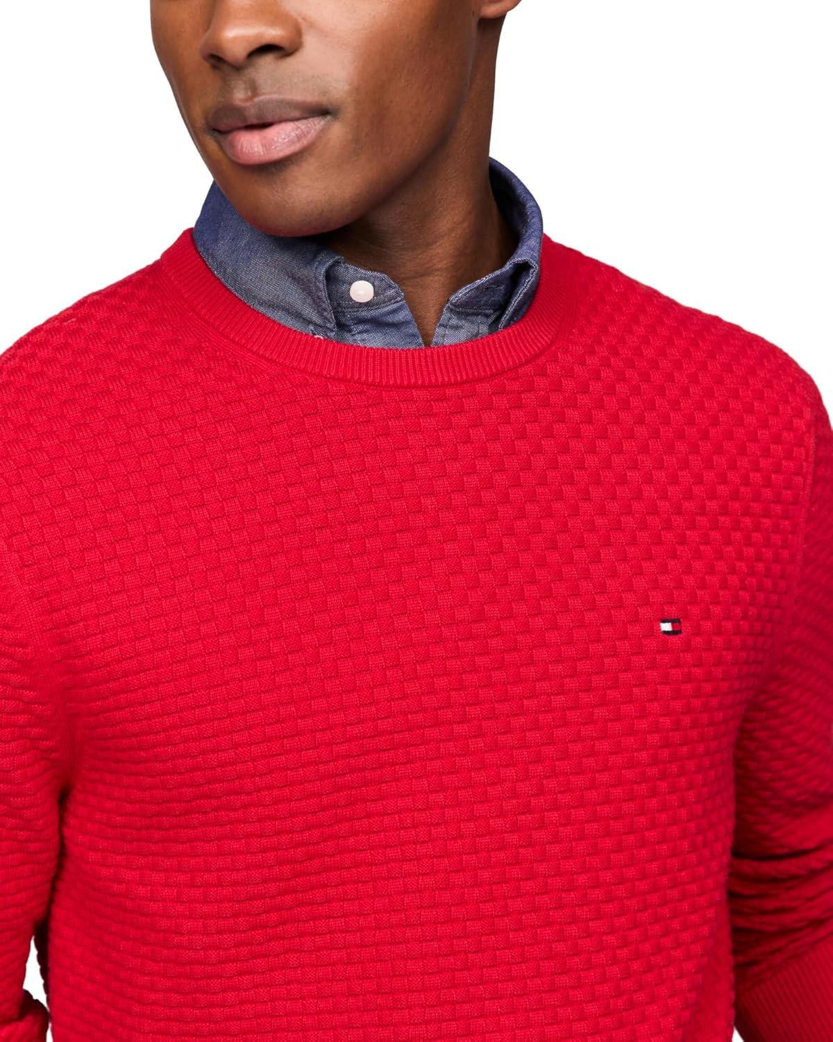 imageTommy Hilfiger Mens Textured Waffle Knit Crewneck Sweater Lightweight Pullover Available in Big ampamp TallPrimary Red