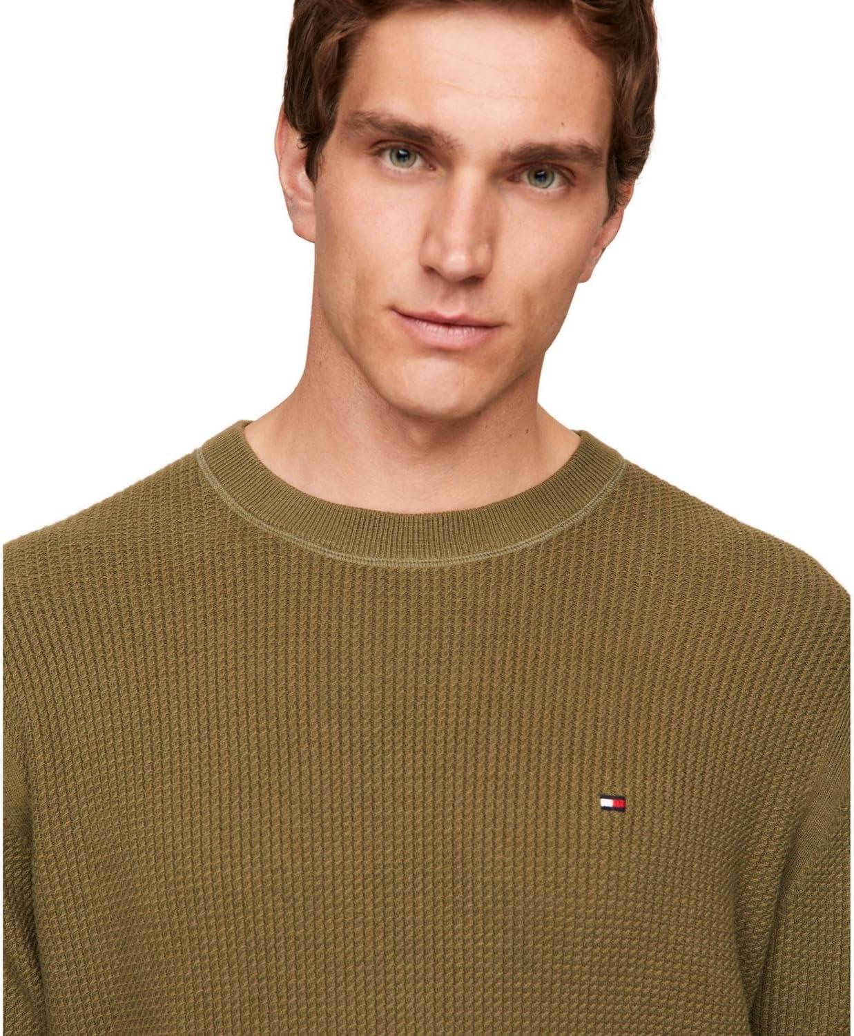 imageTommy Hilfiger Mens Textured Waffle Knit Crewneck Sweater Lightweight Pullover Available in Big ampamp TallUtility Olive