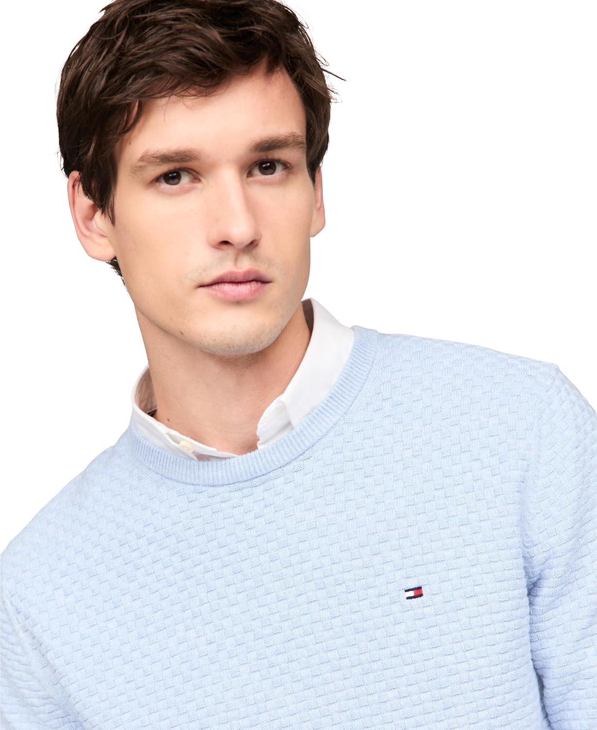 imageTommy Hilfiger Mens Textured Waffle Knit Crewneck Sweater Lightweight Pullover Available in Big ampamp TallVessel Blue Heather
