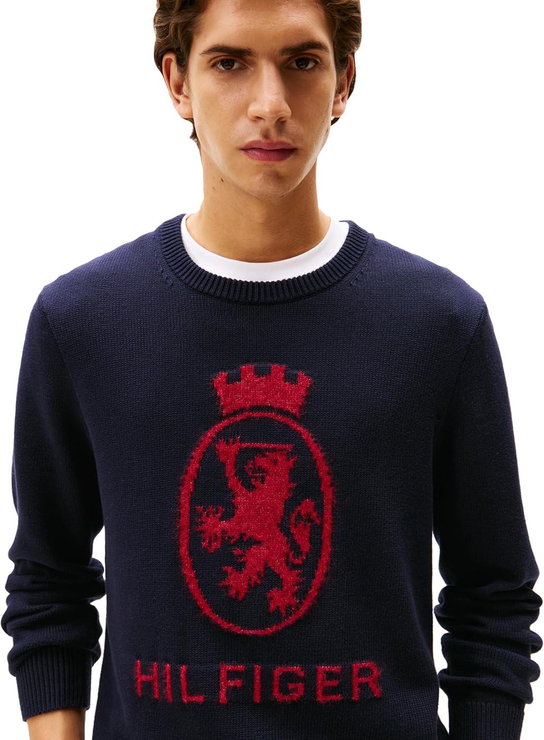 imageTommy Hilfiger mens Cotton Crest Crewneck Sweater Lightweight PulloverDesert SkyRegatta Red