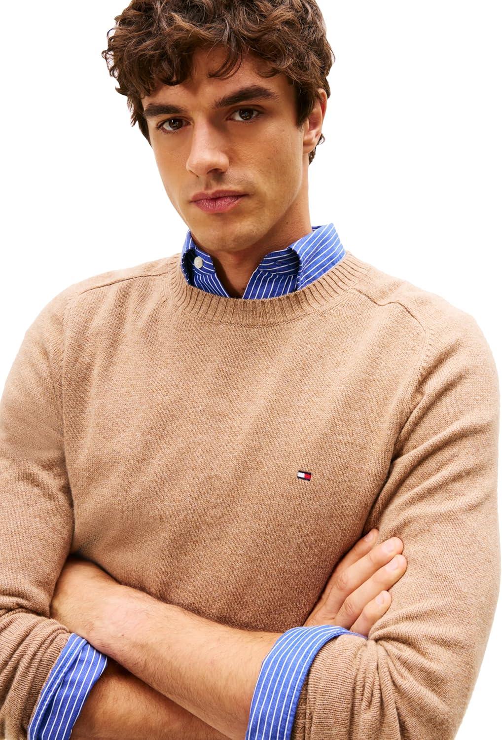 imageTommy Hilfiger mens Lambswool Crewneck Sweater PulloverSafari Canvas Heather