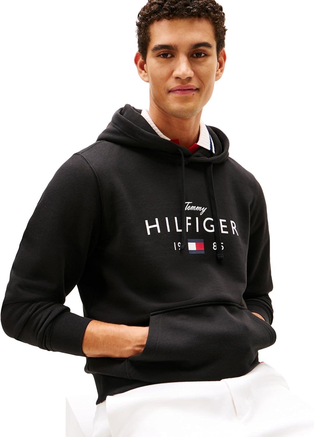 imageTommy Hilfiger mens Medium Weight Cotton Hoodie Sweatshirt With Printed Logo and DrawstringBlack
