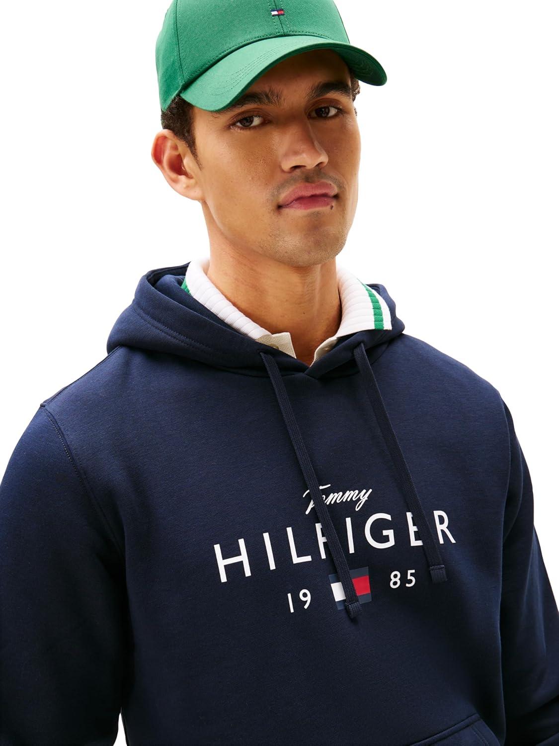 imageTommy Hilfiger mens Medium Weight Cotton Hoodie Sweatshirt With Printed Logo and DrawstringDesert Sky