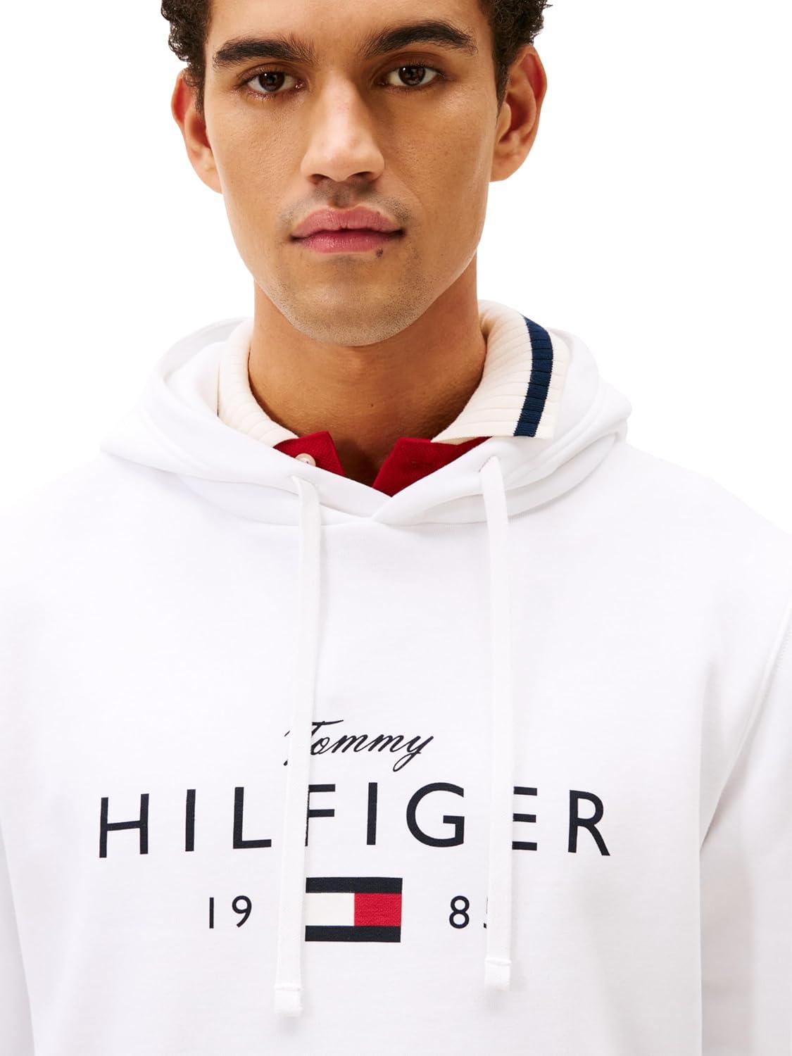 imageTommy Hilfiger mens Medium Weight Cotton Hoodie Sweatshirt With Printed Logo and DrawstringWhite