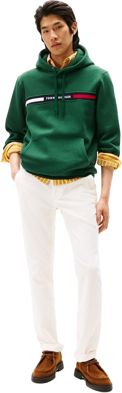 imageTommy Hilfiger mens Medium Weight Fleece Hoodie Sweatshirt With Signature Stripe LogoOrnamental Green
