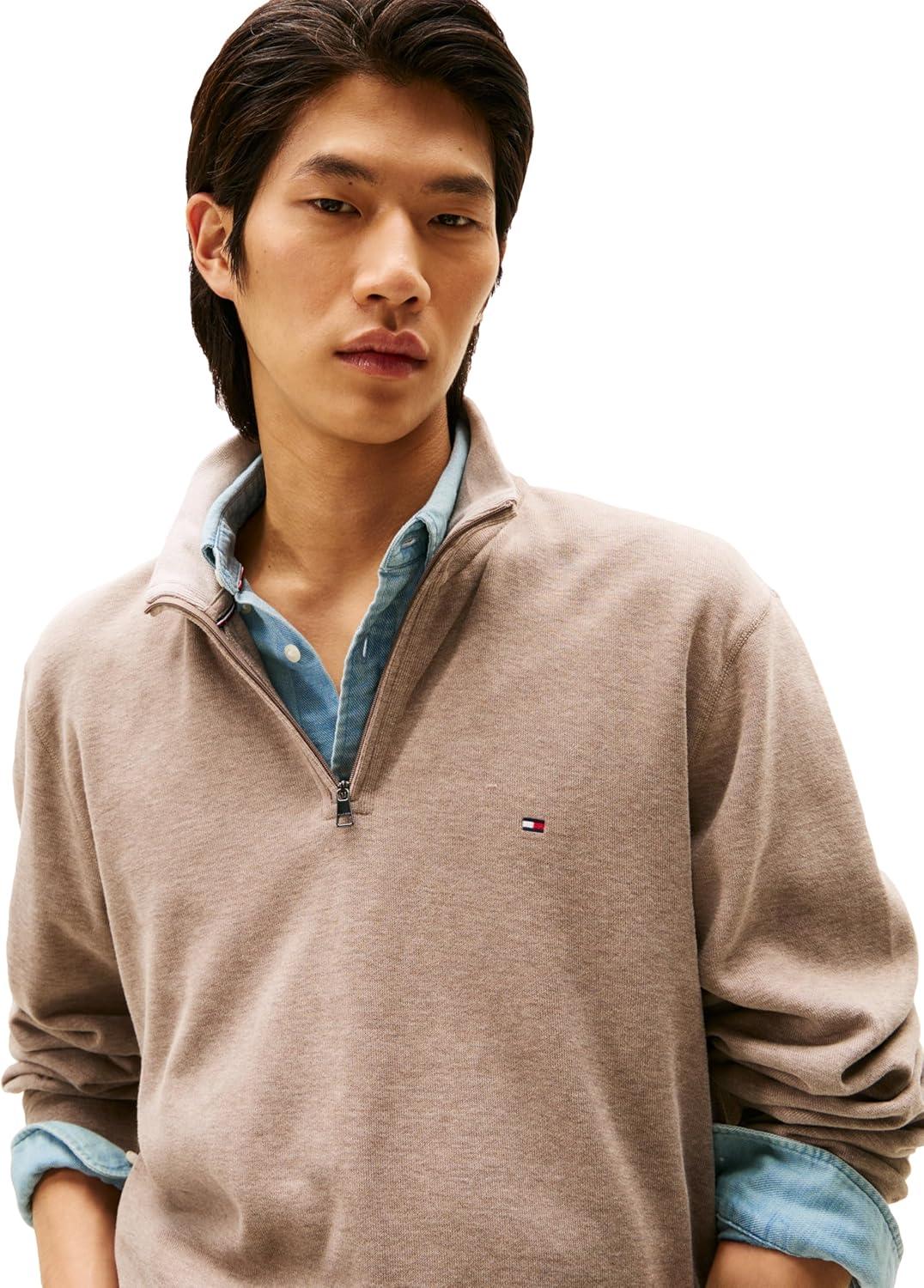 imageTommy Hilfiger mens Medium Weight Ribbed 14 Zip SweatshirtCoastal Taupe Heather