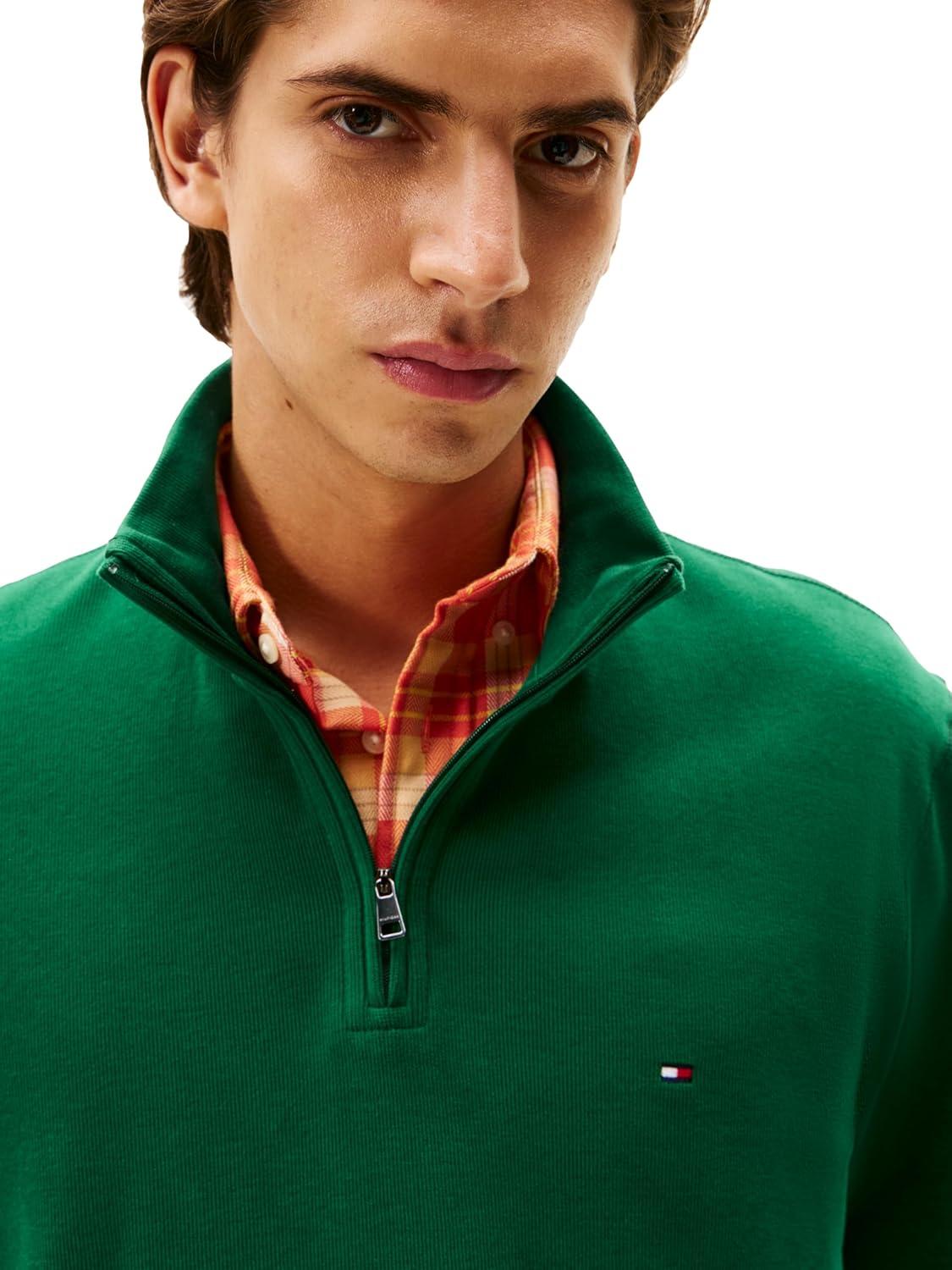 imageTommy Hilfiger mens Medium Weight Ribbed 14 Zip SweatshirtOrnamental Green
