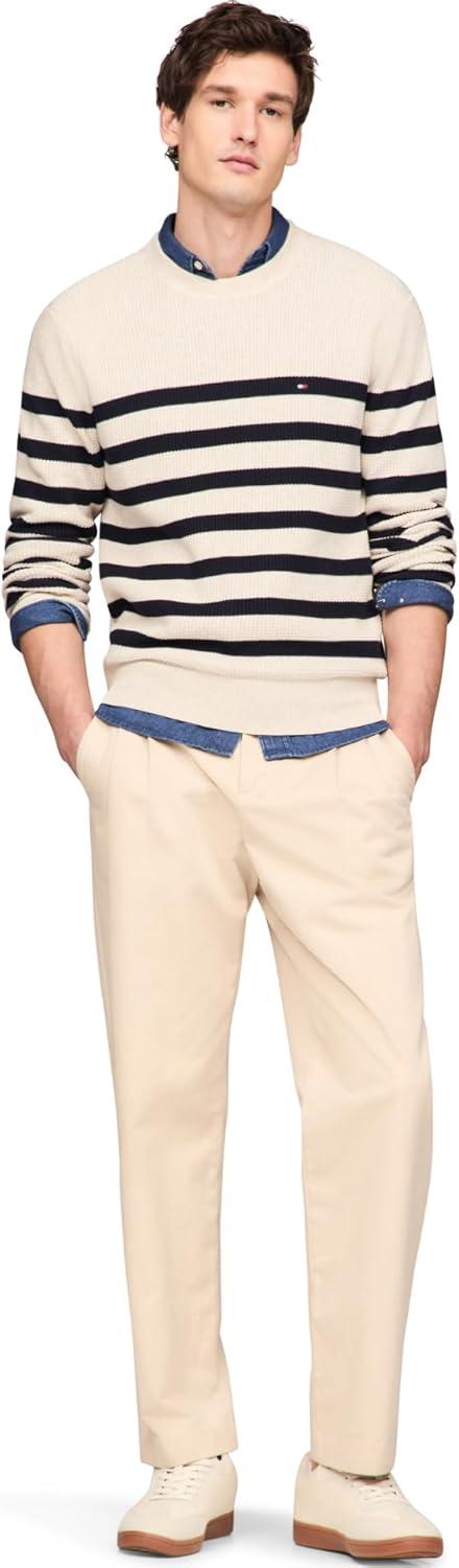 imageTommy Hilfiger mens Waffle Knit Crewneck Sweater Lightweight Pullover Also Available in Big ampamp TallOatmilk Htr Desert Sky