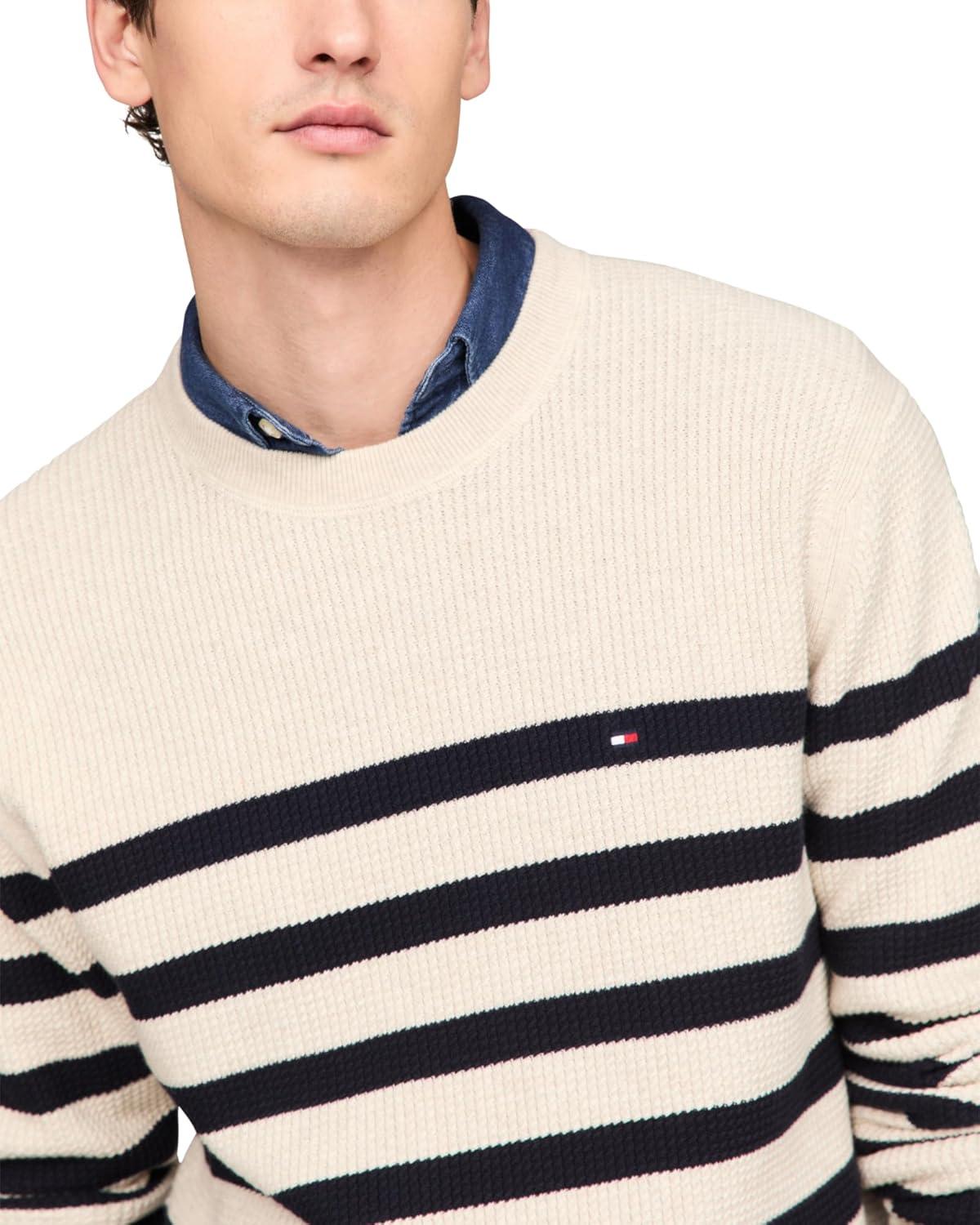 imageTommy Hilfiger mens Waffle Knit Crewneck Sweater Lightweight Pullover Also Available in Big ampamp TallOatmilk Htr Desert Sky