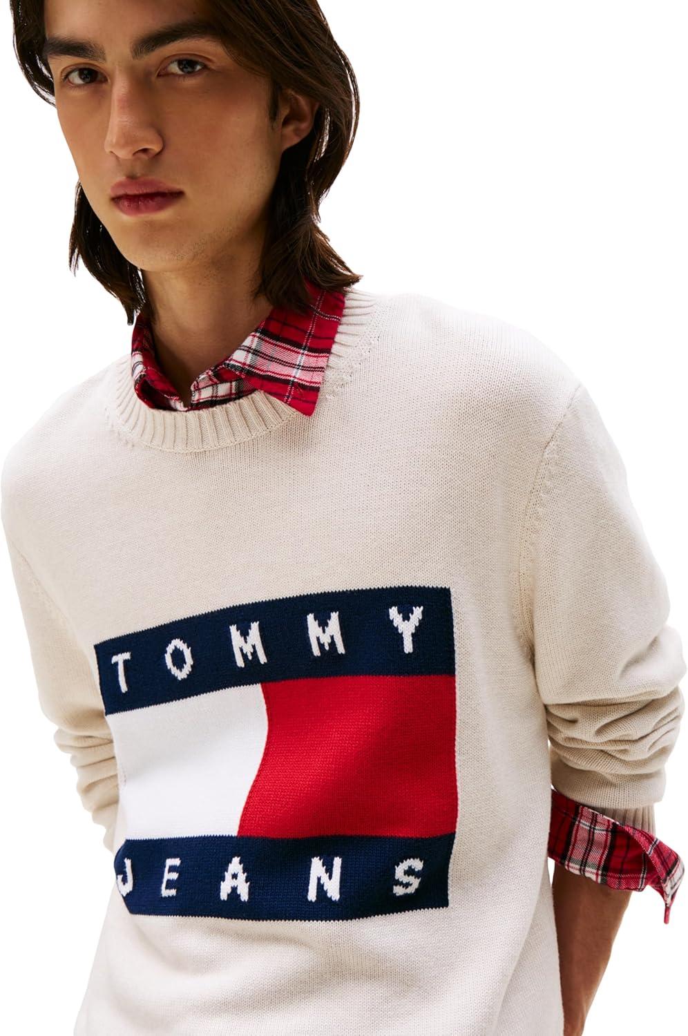 imageTommy Jeans Mens Medium Weight Crewneck Sweater with Flag LogoAncient White Heather