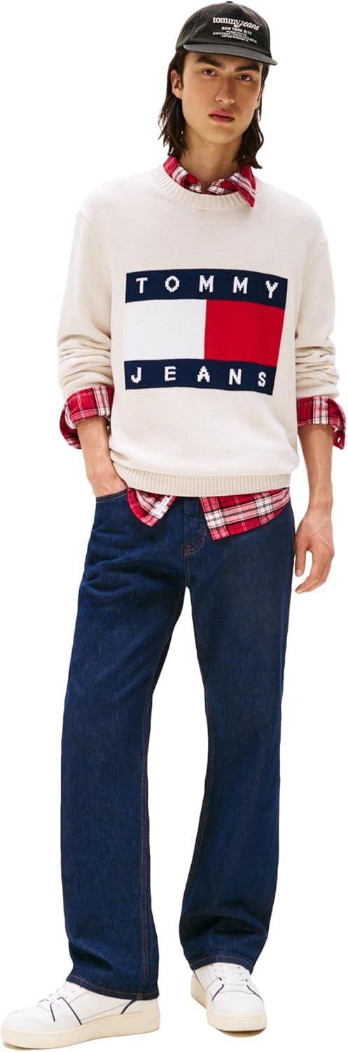 imageTommy Jeans Mens Medium Weight Crewneck Sweater with Flag LogoAncient White Heather