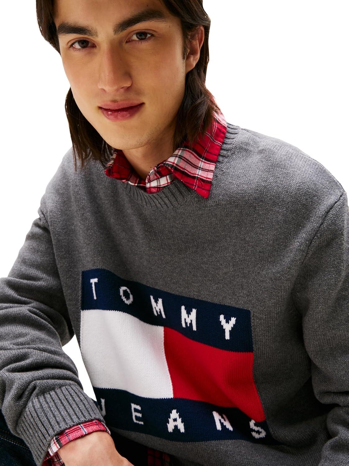 imageTommy Jeans Mens Medium Weight Crewneck Sweater with Flag LogoBlack Heather
