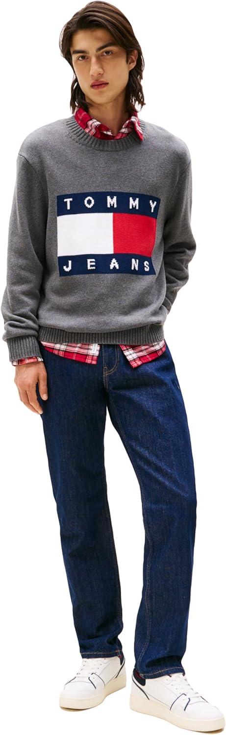 imageTommy Jeans Mens Medium Weight Crewneck Sweater with Flag LogoBlack Heather