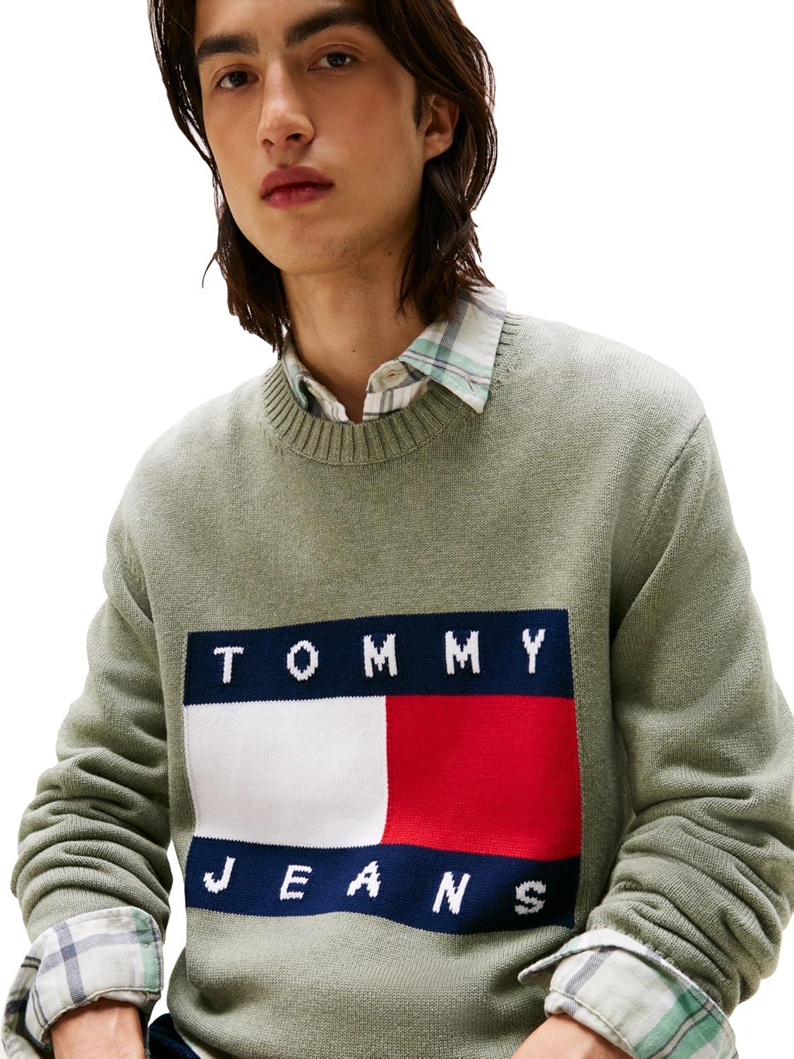 imageTommy Jeans Mens Medium Weight Crewneck Sweater with Flag LogoUtility Sage Heather