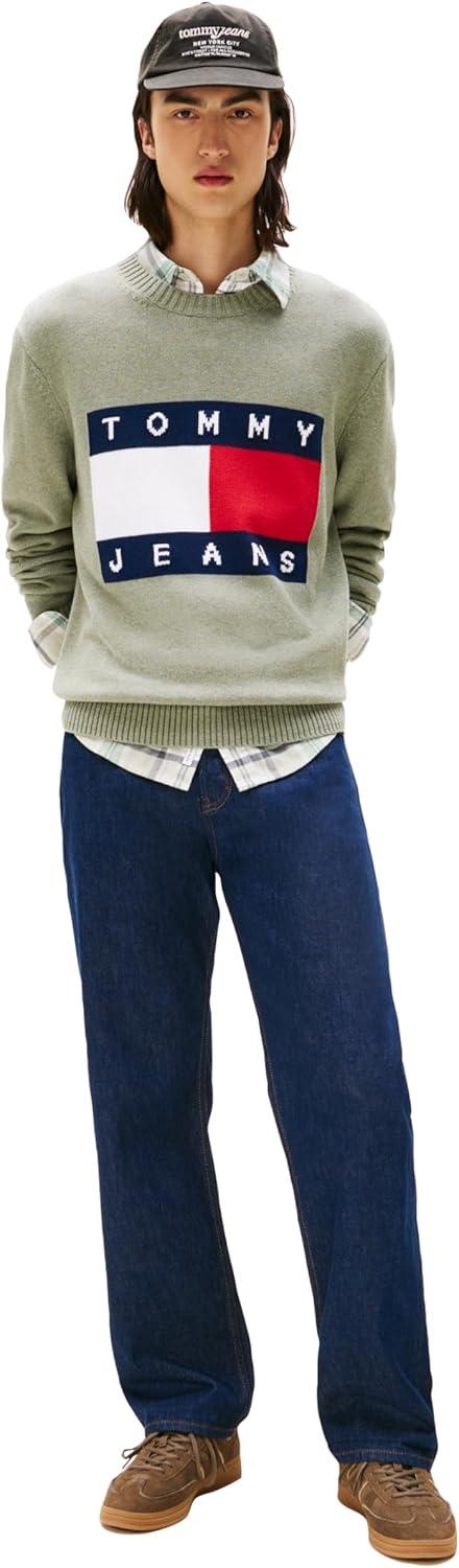 imageTommy Jeans Mens Medium Weight Crewneck Sweater with Flag LogoUtility Sage Heather