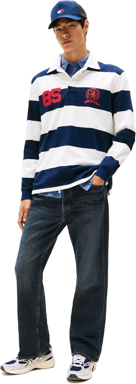 imageTommy Jeans Mens Striped Lightweight Rugby Polo Shirt with Crest LogoDark Night Navy Stripe