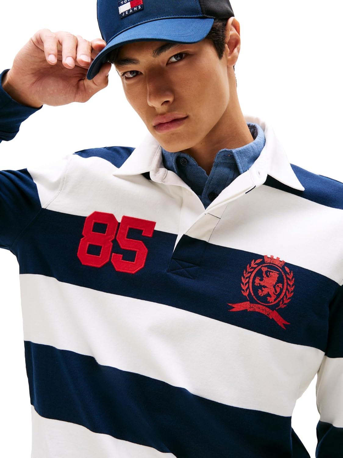 imageTommy Jeans Mens Striped Lightweight Rugby Polo Shirt with Crest LogoDark Night Navy Stripe
