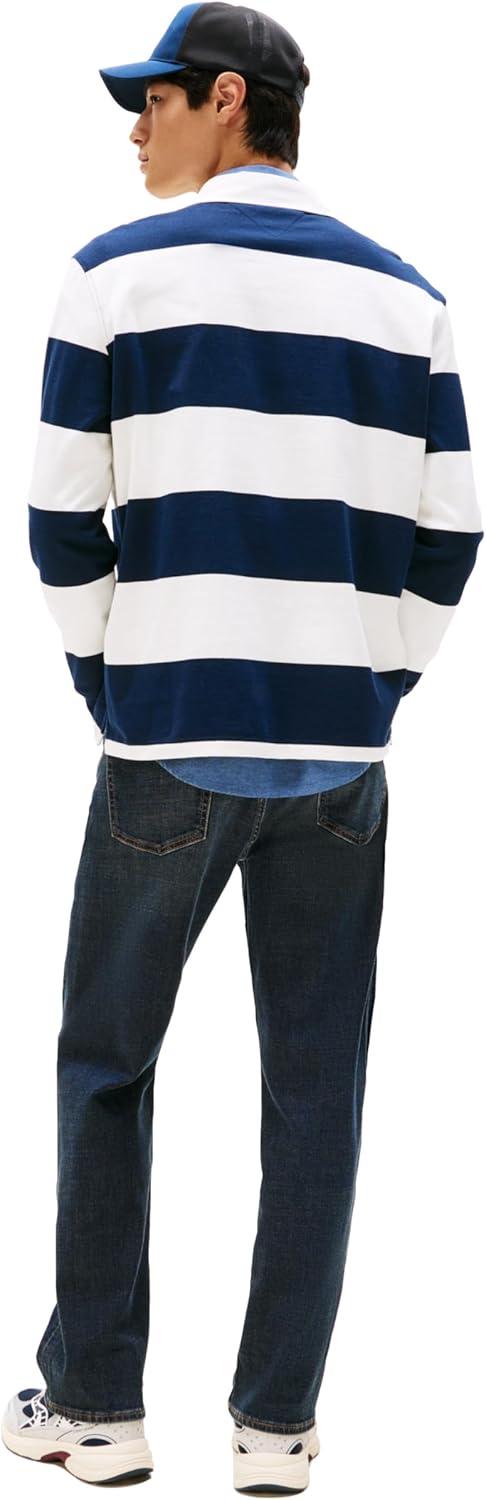 imageTommy Jeans Mens Striped Lightweight Rugby Polo Shirt with Crest LogoDark Night Navy Stripe