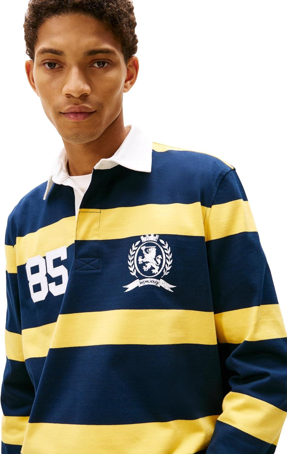 imageTommy Jeans Mens Striped Lightweight Rugby Polo Shirt with Crest LogoYielding Yellow Stripe