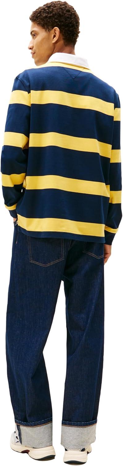 imageTommy Jeans Mens Striped Lightweight Rugby Polo Shirt with Crest LogoYielding Yellow Stripe