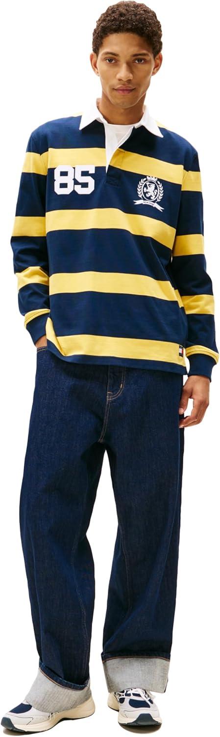 imageTommy Jeans Mens Striped Lightweight Rugby Polo Shirt with Crest LogoYielding Yellow Stripe