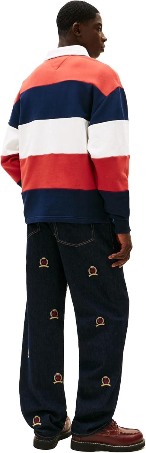 imageTommy Jeans Mens Striped Medium Weight Rugby Polo with Embroidered LogoDark Night Navy Terracotta Red Ecru