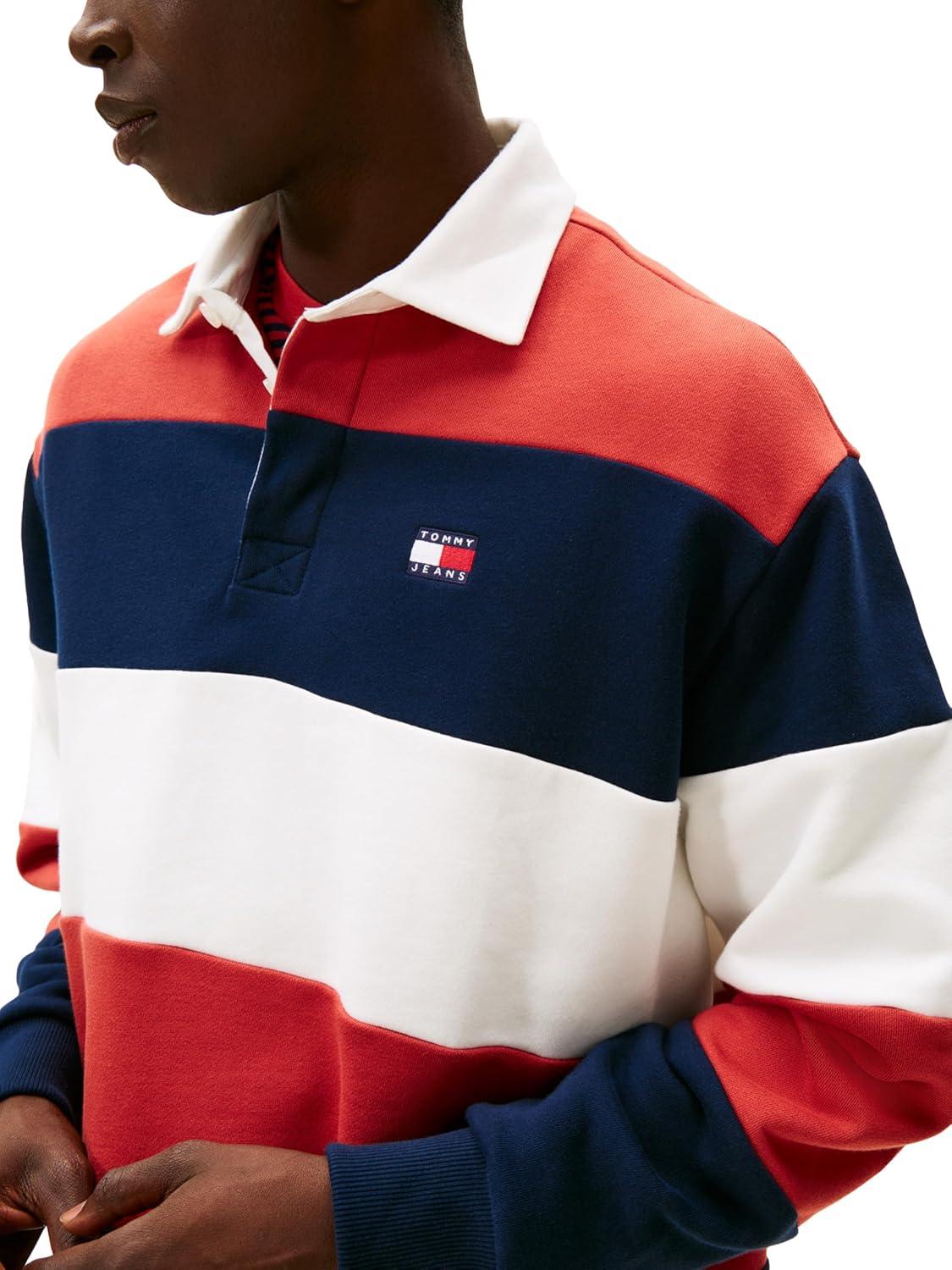imageTommy Jeans Mens Striped Medium Weight Rugby Polo with Embroidered LogoDark Night Navy Terracotta Red Ecru