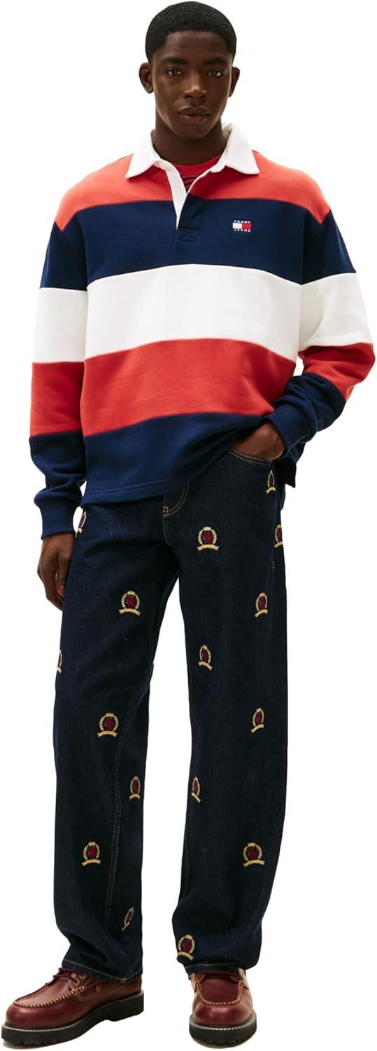 imageTommy Jeans Mens Striped Medium Weight Rugby Polo with Embroidered LogoDark Night Navy Terracotta Red Ecru