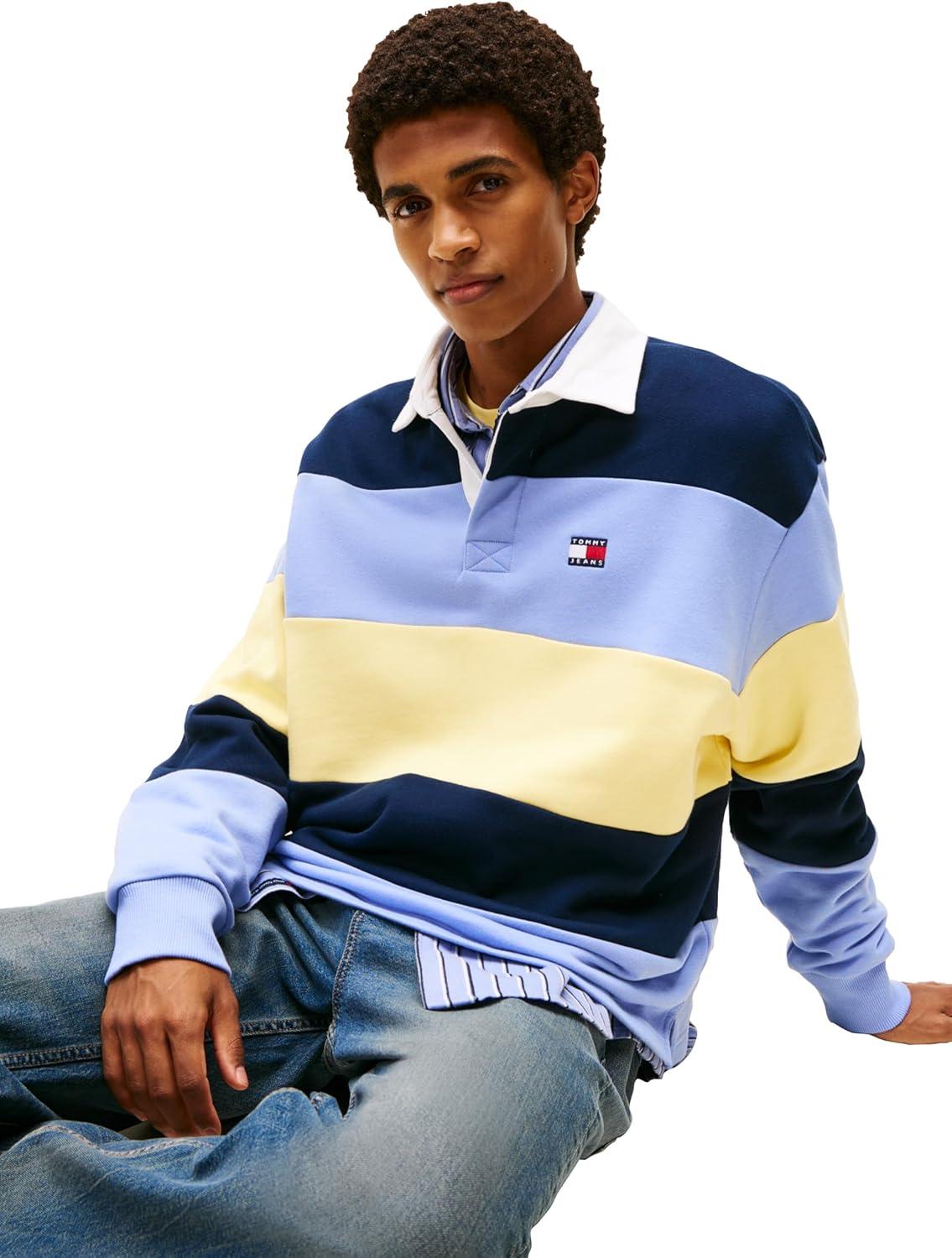 imageTommy Jeans Mens Striped Medium Weight Rugby Polo with Embroidered LogoDark Night NavyNordic IrisCitronella