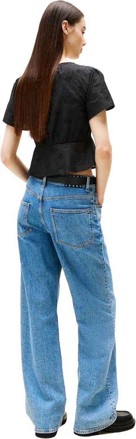 imageTommy Jeans Womens Casual Cotton Blouse with Front Tie Eyelet Tops for WomenBlack