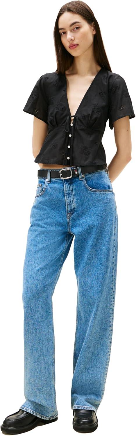 imageTommy Jeans Womens Casual Cotton Blouse with Front Tie Eyelet Tops for WomenBlack