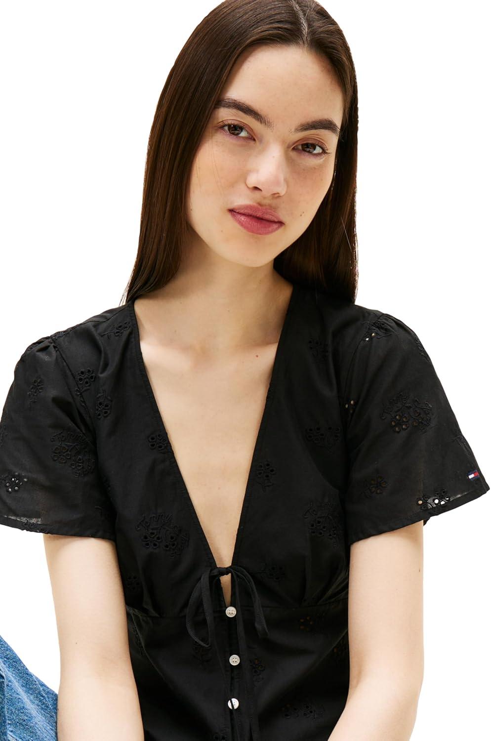 imageTommy Jeans Womens Casual Cotton Blouse with Front Tie Eyelet Tops for WomenBlack