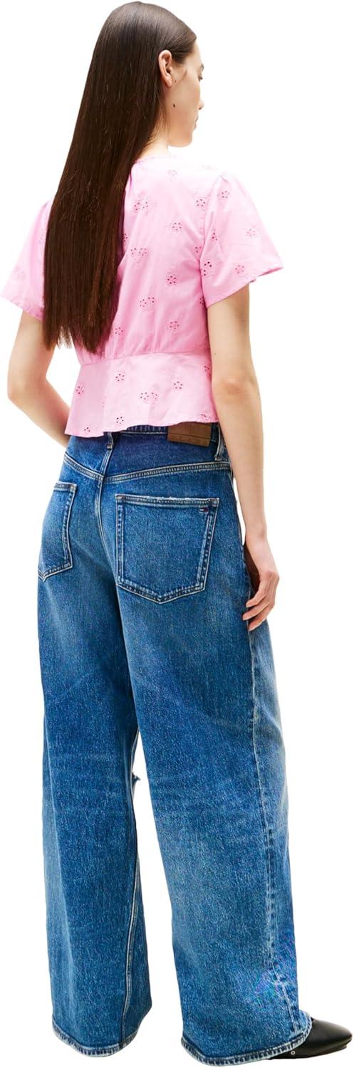 imageTommy Jeans Womens Casual Cotton Blouse with Front Tie Eyelet Tops for WomenCarnival Pink
