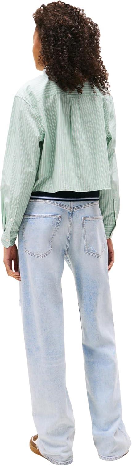 imageTommy Jeans Womens Crop Cotton Shirt with Embroidered Crest DetailCloudy Jade