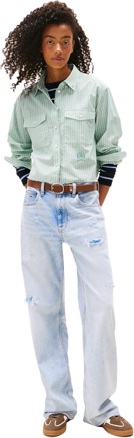 imageTommy Jeans Womens Crop Cotton Shirt with Embroidered Crest DetailCloudy Jade