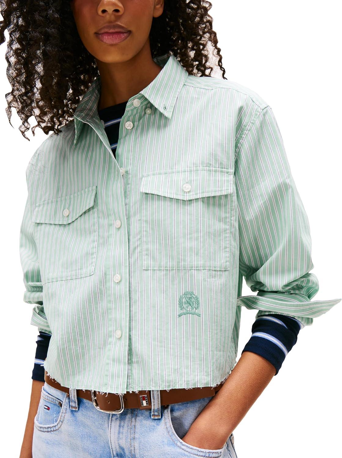 imageTommy Jeans Womens Crop Cotton Shirt with Embroidered Crest DetailCloudy Jade