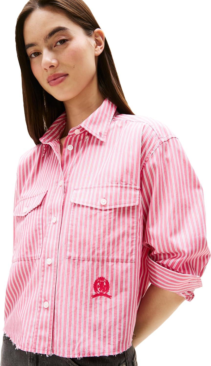 imageTommy Jeans Womens Crop Cotton Shirt with Embroidered Crest DetailVintage Cerise