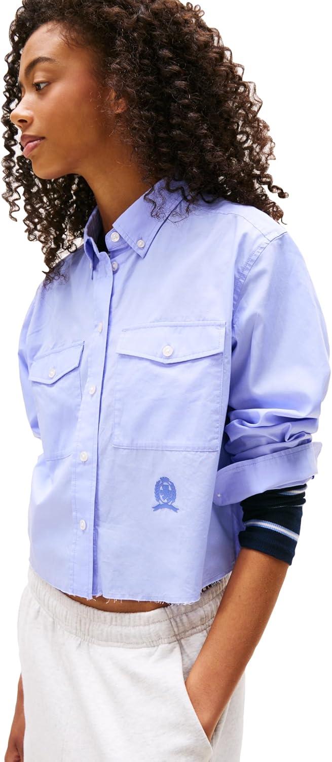imageTommy Jeans Womens Crop Cotton Shirt with Embroidered Crest DetailVintage Iris