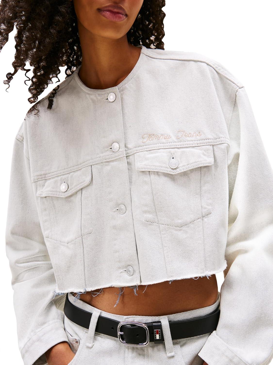 imageTommy Jeans Womens Lightweight Collarless Cropped Jean JacketDenim White