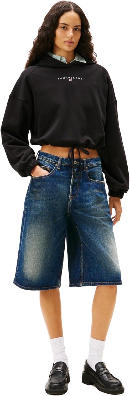 imageTommy Jeans Womens Medium Weight Cropped Hoodies with Rhinestone Logo DetailBlack