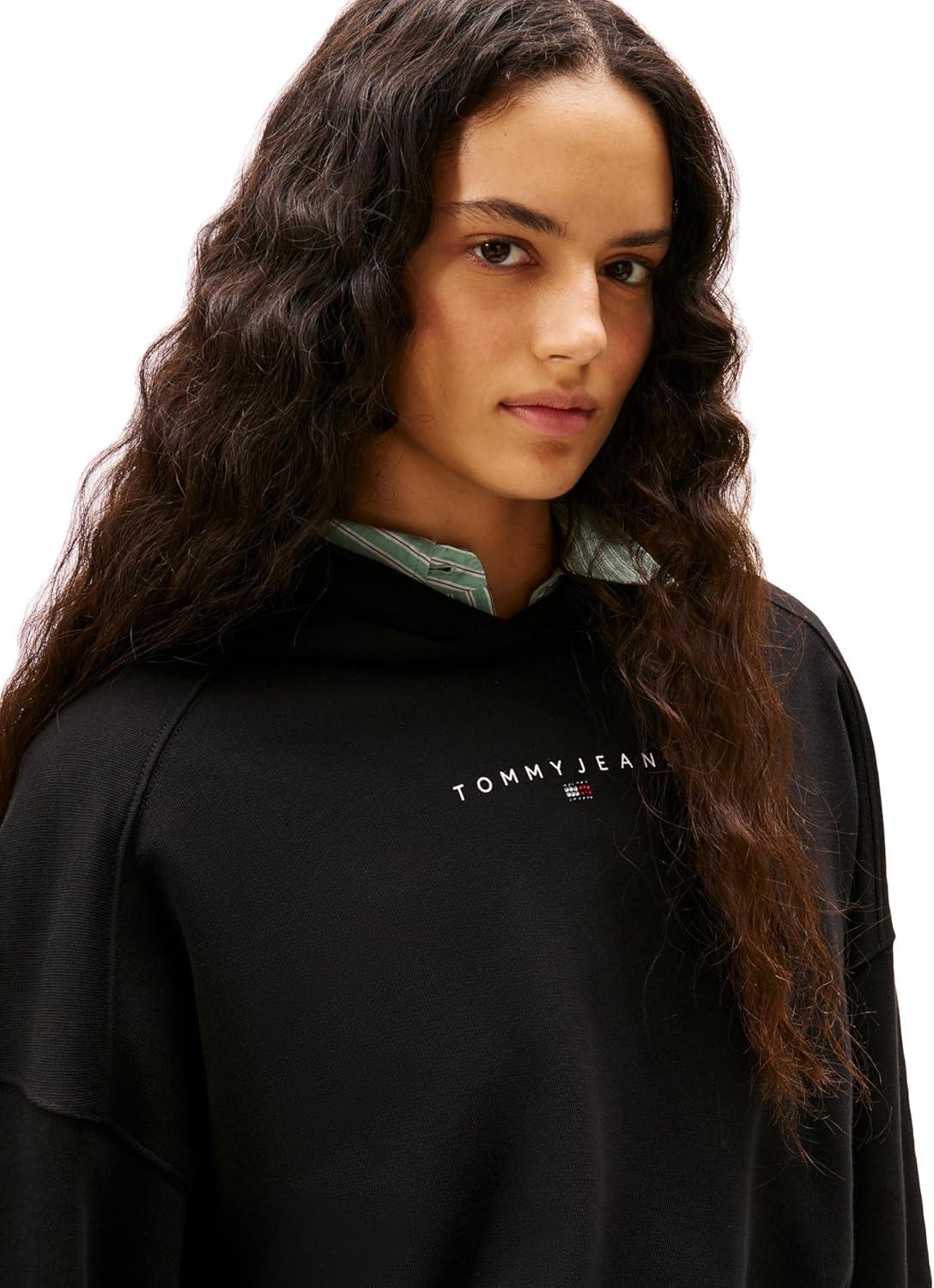 imageTommy Jeans Womens Medium Weight Cropped Hoodies with Rhinestone Logo DetailBlack