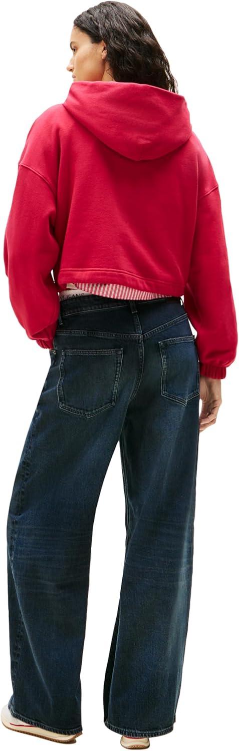 imageTommy Jeans Womens Medium Weight Cropped Hoodies with Rhinestone Logo DetailRuby Rhubarb