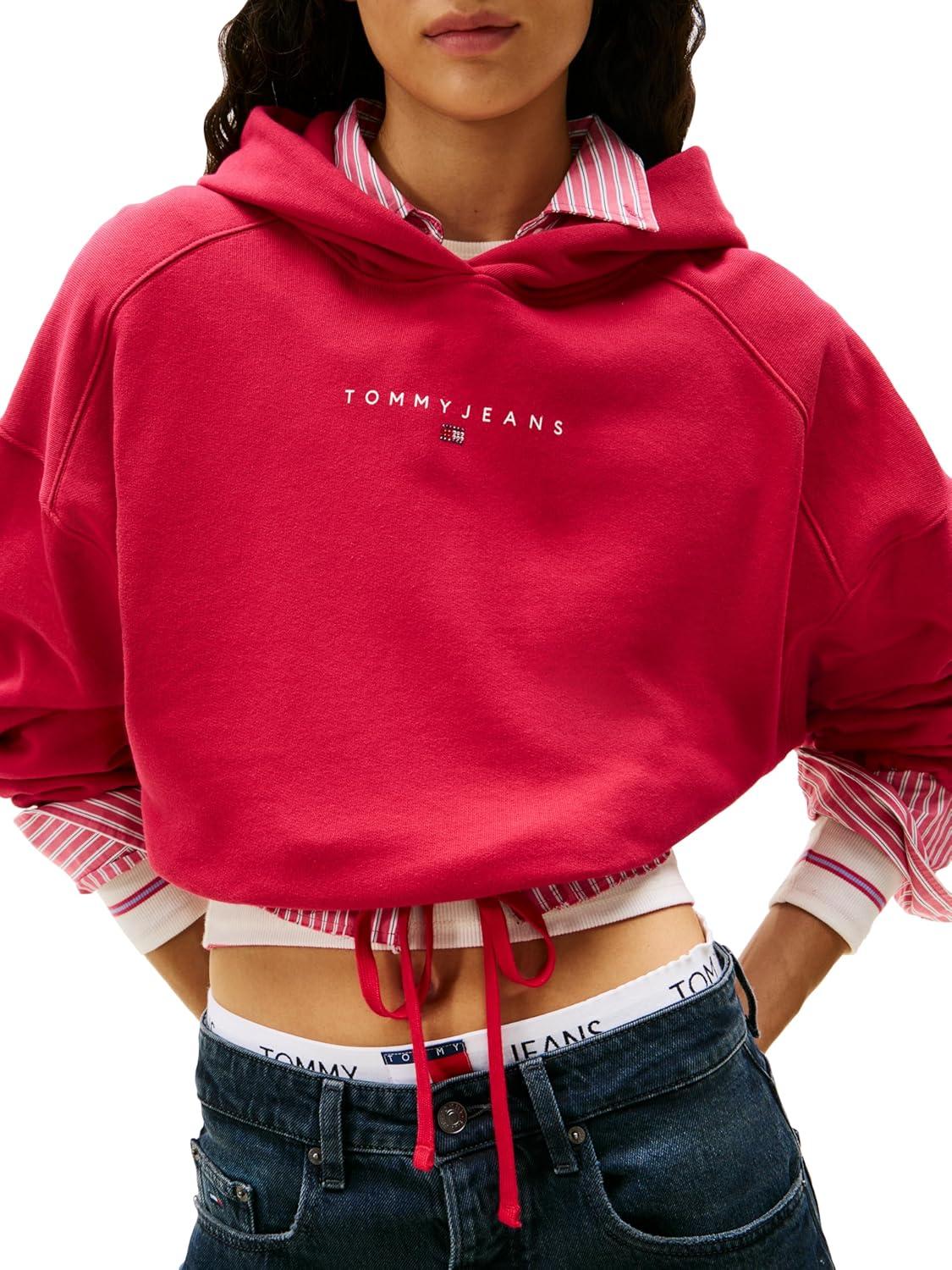 imageTommy Jeans Womens Medium Weight Cropped Hoodies with Rhinestone Logo DetailRuby Rhubarb